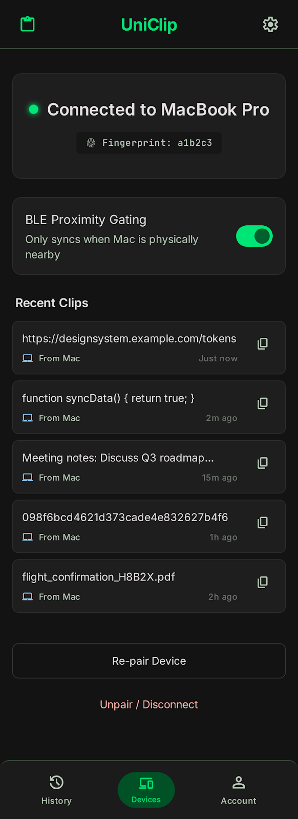 UniClip Android dashboard with OLED dark theme, connection status and clip history