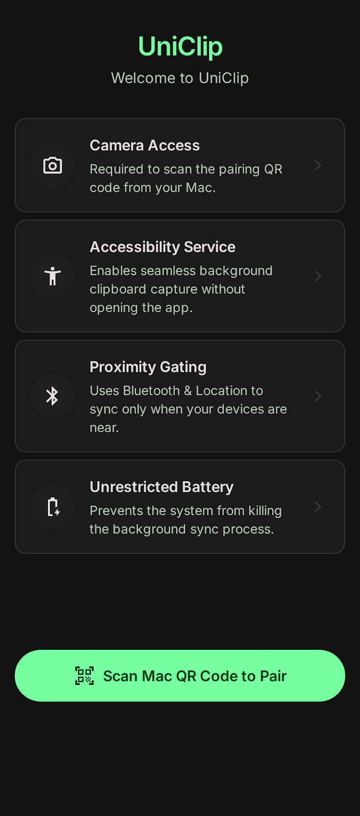 UniClip setup screen showing permission health and battery optimization guidance